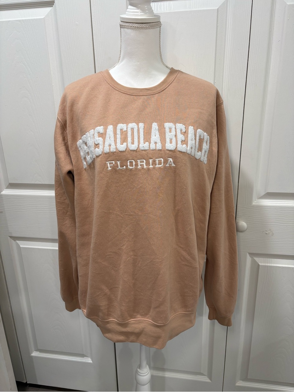 Pacifica Peach-Tan Crewneck Sweatshirt with White Chenille Text